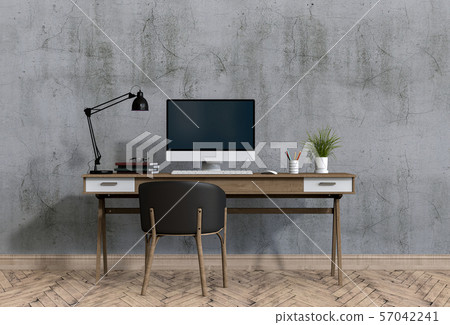 interior modern living room workspace with desk and desktop computer 57042241