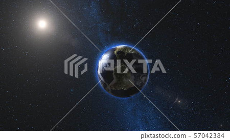 Planet Earth rotating and approach in open space 57042384
