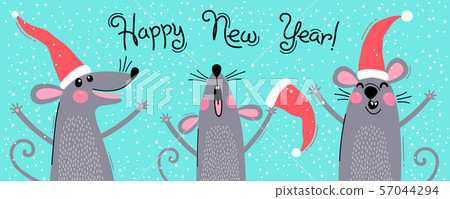Cute gray rats in Santas hats wishes Happy New Year. Postcard with a symbol of 2020. Vector 57044294