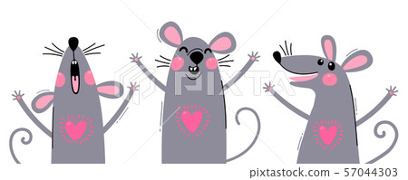 Set of funny rats for design. Cute little mice in different poses. Merry mouse romp. Vector 57044303