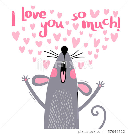 Vector illustration of a cute little mouse confess love. Greeting card for the holiday. Gray rat is Vector illustration of a cute little mouse confess love. Greeting card for the holiday. Gray rat is 57044322