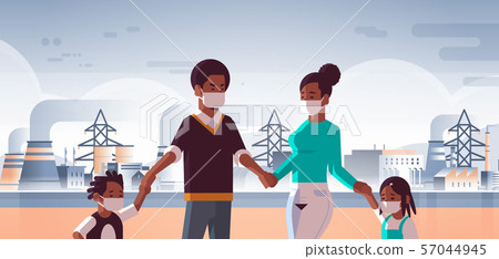 parents and children wearing face masks toxic gas air pollution industry smog polluted environment 57044945