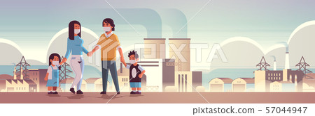 parents and children wearing face masks toxic gas air pollution industry smog polluted environment 57044947