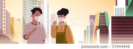 couple wearing face masks toxic gas air pollution industry smog polluted environment concept man 57044948