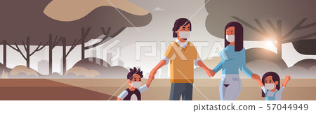 family wearing face masks toxic gas air pollution industry smog polluted environment concept parents 57044949