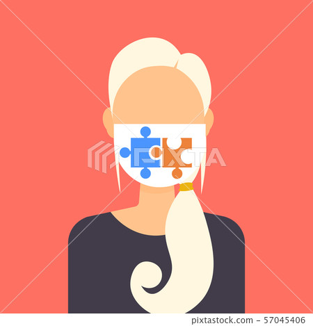 woman wearing protective face mask with puzzle parts icon problem solution concept girl profile woman wearing protective face mask with puzzle parts icon problem solution concept girl profile 57045406