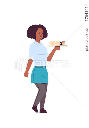 professional waitress holding coffee and cake on tray african american woman restaurant worker in 57045434