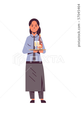 professional waitress holding bottle and champagne glasses on tray woman restaurant worker in apron professional waitress holding bottle and champagne glasses on tray woman restaurant worker in apron 57045464