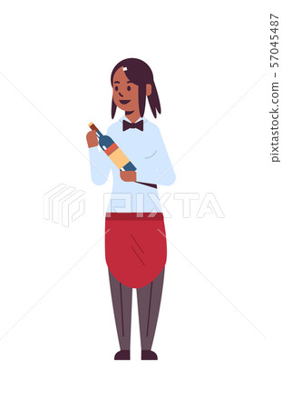 professional waitress holding bottle of wine african american woman restaurant worker in red apron professional waitress holding bottle of wine african american woman restaurant worker in red apron 57045487