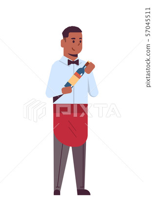 professional waiter holding bottle of wine african american man restaurant worker in red apron professional waiter holding bottle of wine african american man restaurant worker in red apron 57045511