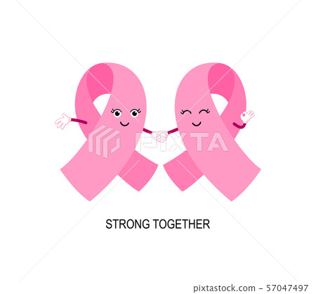 Cartoon pink ribbon character holding hands.  57047497