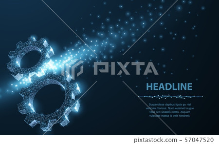 Gears. Abstract vector wireframe two gear 3d modern illustration on dark blue background. 57047520