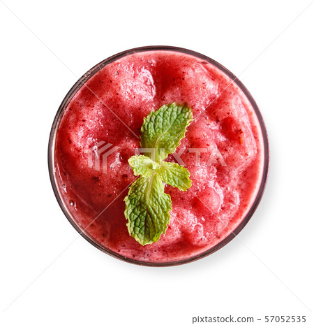 Strawberry smoothie on white background from top view Strawberry smoothie on white background from top view 57052535