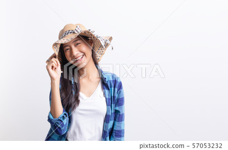 Portrait, tourist Beautiful of Asian woman  happiness and smiling isolated on white background 57053232