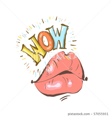 Mouth with speach bubble. Wow and female lips in sketchy cartoon style concept for advertising or 57055931