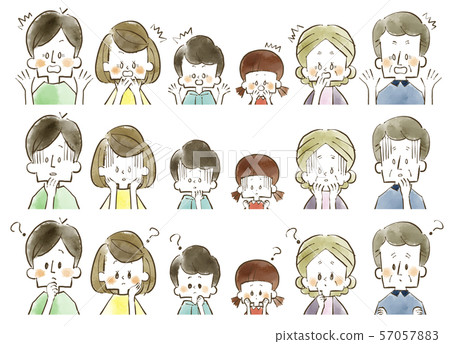 Family-Surprise, Shock, Hatena-Three Generations-Watercolor 57057883
