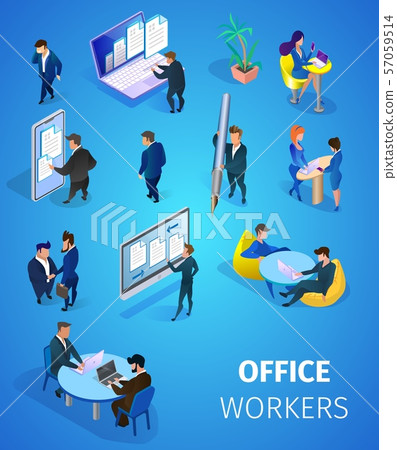 Office Workers Set Isolated on Blue Background. - Stock Illustration ...