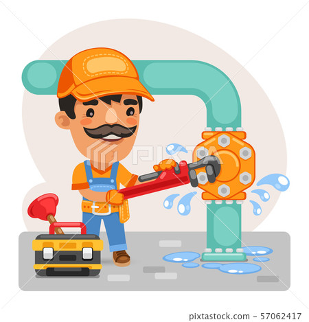 Cartoon Plumber Repairing a Pipe 57062417