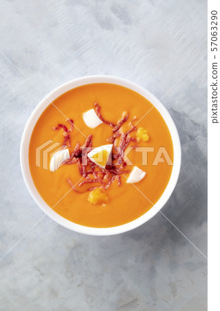Salmorejo, Spanish cold tomato soup, overhead shot 57063290