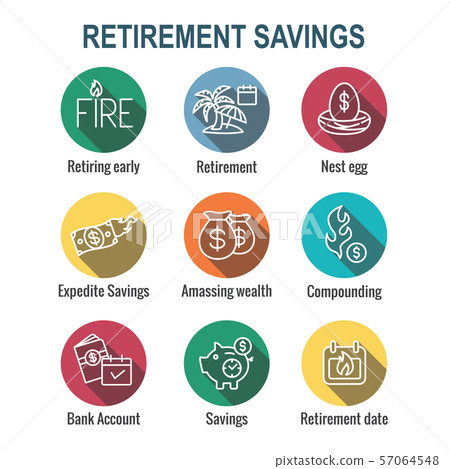 Retirement Savings Icon Set - money bags, nest Retirement Savings Icon Set - money bags, nest 57064548
