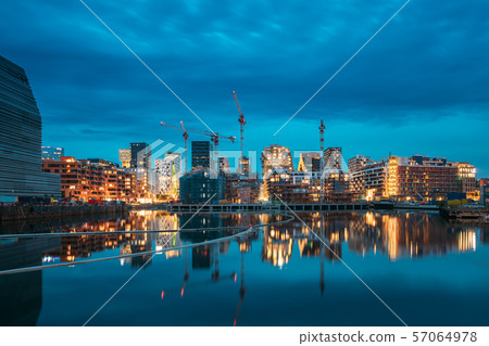 Oslo, Norway. Night View Embankment And Residential Multi-storey House In Gamle Oslo District 57064978