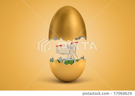 3d rendering of shopping cart hatching out of golden egg on yellow background 57068629