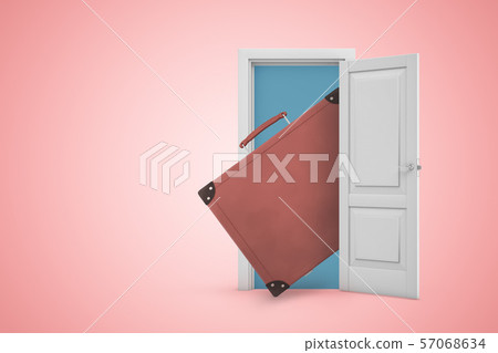3d rendering of brown leather suitcase in white open doorway on light pink background 57068634