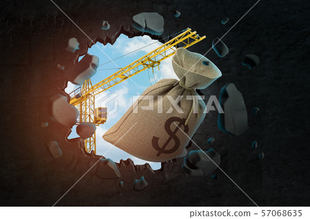 3d rendering of hoisting crane carrying canvas bag with dollar symbol on and breaking wall leaving 57068635