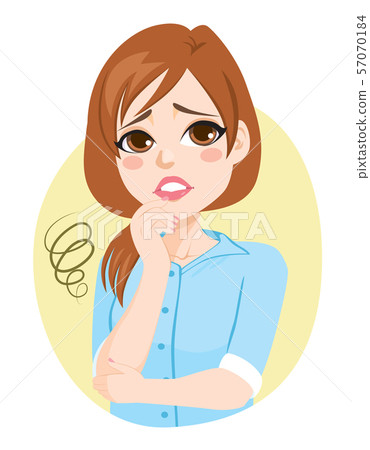 Young businesswoman thinking with hand on chin worried face expression Young businesswoman thinking with hand on chin worried face expression 57070184