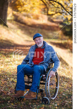 Senior man with wheelchair on walk in nature, looking at camera. Senior man with wheelchair on walk in nature, looking at camera. 57070629