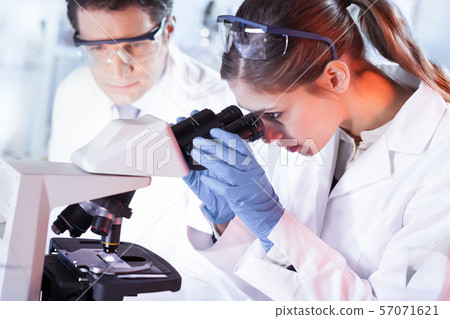 Young researchers researching in life science laboratory. Young researchers researching in life science laboratory. 57071621