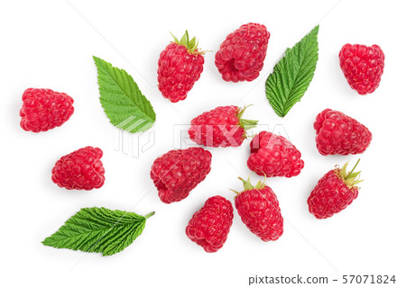 raspberries with leaves isolated on white background. Top view. Flat lay 57071824
