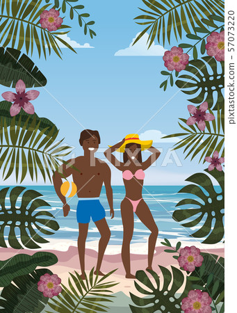 Happy Couple on Summer Vacation Beach. Wife and Husband with ball enjoying Beach Vacation walking on 57073220