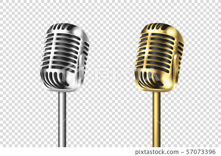 Vector 3d Realistic Retro Steel Silver and Gold Metal Concert Vocal Microphone Set Closeup Isolated 57073396