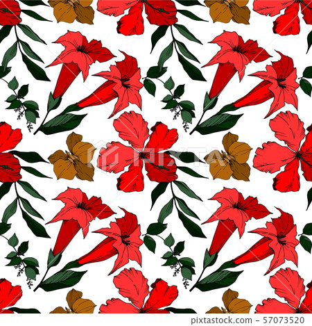 Vector Tropical flowers and leaves isolated. Black and white engraved ink art. Seamless background 57073520