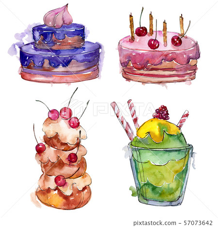 Tasty cake in a watercolor style. Background illustration set. Watercolour drawing fashion aquarelle Tasty cake in a watercolor style. Background illustration set. Watercolour drawing fashion aquarelle 57073642