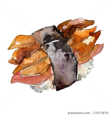 Watercolor sushi set of beautiful tasty japanese food illustration. Hand drawn objects isolated on Watercolor sushi set of beautiful tasty japanese food illustration. Hand drawn objects isolated on 57073670