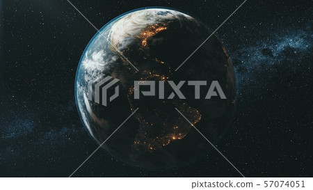 rotating planet Earth lit by bright Sun rotating planet Earth lit by bright Sun 57074051