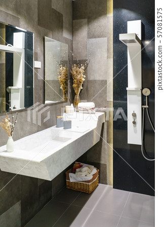interiors shots of a modern bathroom  57081575