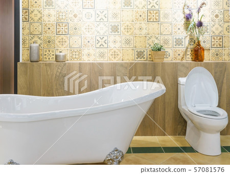 Modern bathroom interior with lighting, white bathtub 57081576