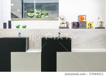 bathroom interior with double sinks and mirrors in elegant home interior bathroom interior with double sinks and mirrors in elegant home interior 57084011