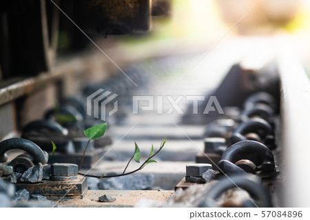 Close up Steel railroad fasteners.Iron nuts 57084896