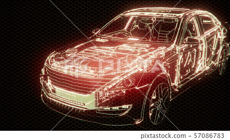 Holographic animation of 3D wireframe car model Holographic animation of 3D wireframe car model 57086783