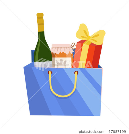 Blue Paper Shopping Bag with Alcohol Bottle, Jam Jar and Gift, Present Package for Birthday, Xmas Blue Paper Shopping Bag with Alcohol Bottle, Jam Jar and Gift, Present Package for Birthday, Xmas 57087199