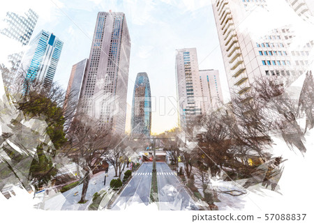 Buildings in Shinjuku just after dawn Watercolor style 57088837