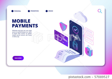Mobile payments isometric concept. Online secure payment smartphone app. Banking internet shopping Mobile payments isometric concept. Online secure payment smartphone app. Banking internet shopping 57089527
