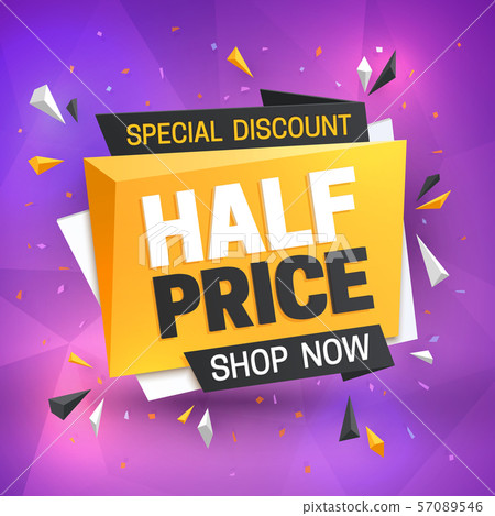 Half price sale banner. Hot super offer, 50 off discount. Big savings vector promotion flye 57089546