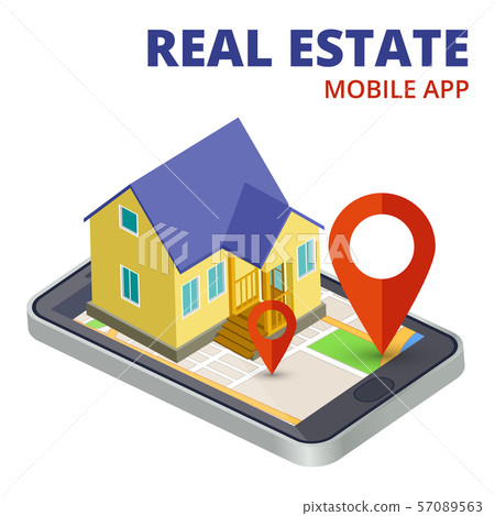 Isometric real estate mobile app with phone and 3d house vector Isometric real estate mobile app with phone and 3d house vector 57089563