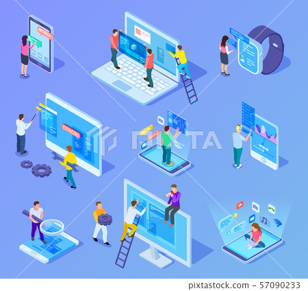 People and app interfaces isometric concept. Users and developers work with mobile phone and 57090233