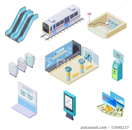 Isometric metro elements. Subway train, station platform and escalator, turnstile and underground 57090237